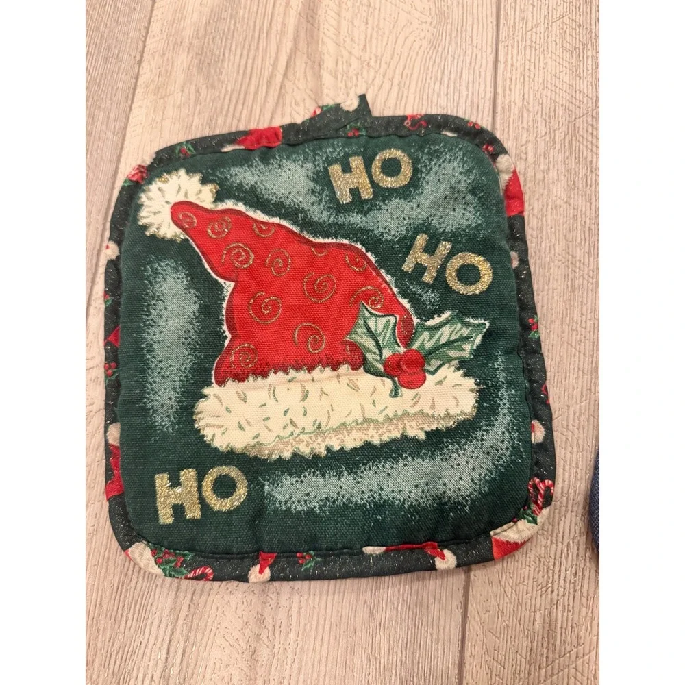 Vintage Christmas Potholder Set Snowman Tapestry & Santa Hat Cooking 2pc Holiday